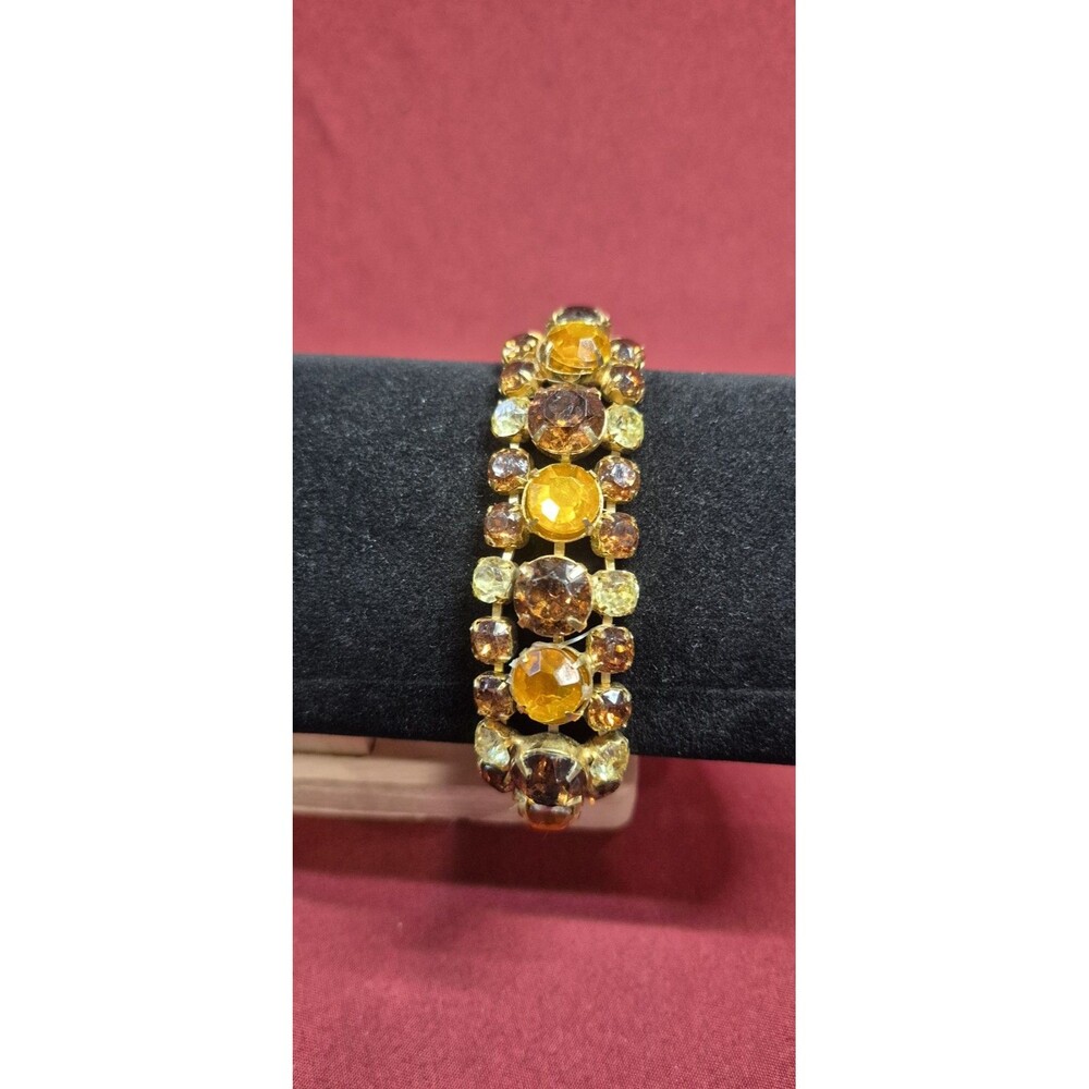 Vintage 1950s Amber Topaz Rhinestone Bracelet Multi Row Gold Tone Clasp EUC